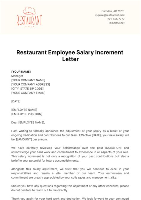 Free Restaurant Employee Salary Increment Letter Template To Edit Online Free Restaurant Employee Salary Increment Letter Template To Edit Online